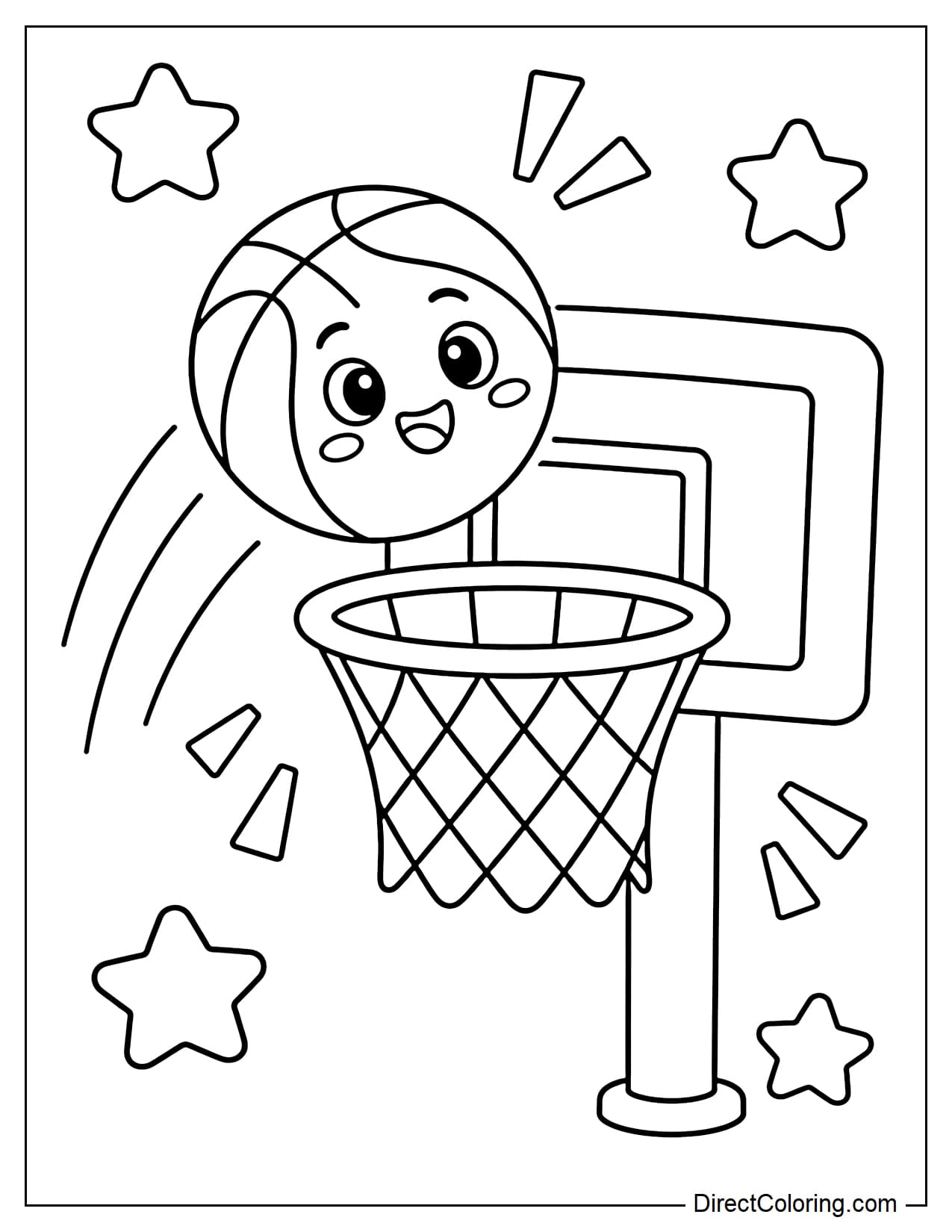 A basketball with a cute smiley face is flying into a large hoop, surrounded by sparks and stars.