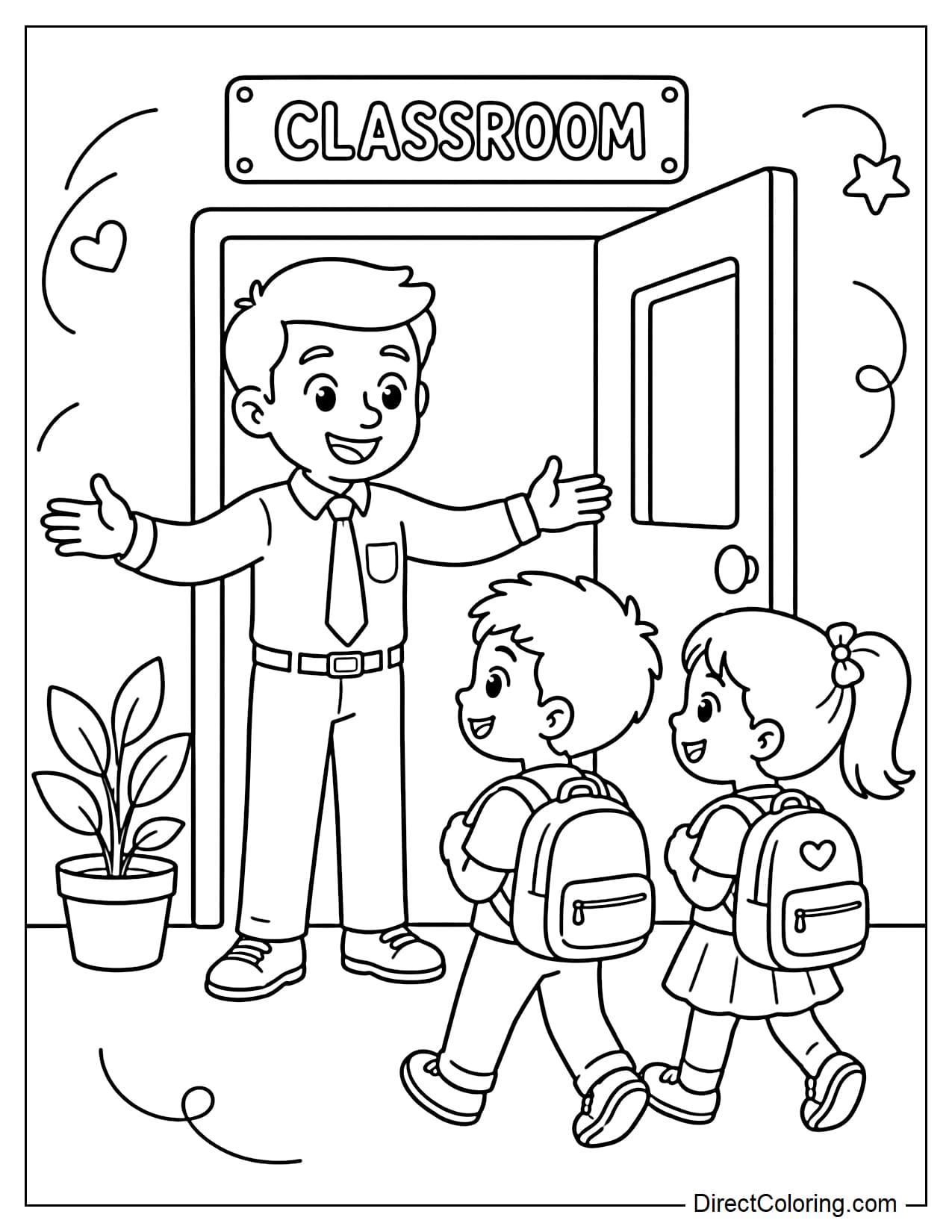 A male teacher is standing at the classroom door with his arms open, welcoming two students as they walk in. Above the door is a simple classroom sign, and beside him is a small potted plant.