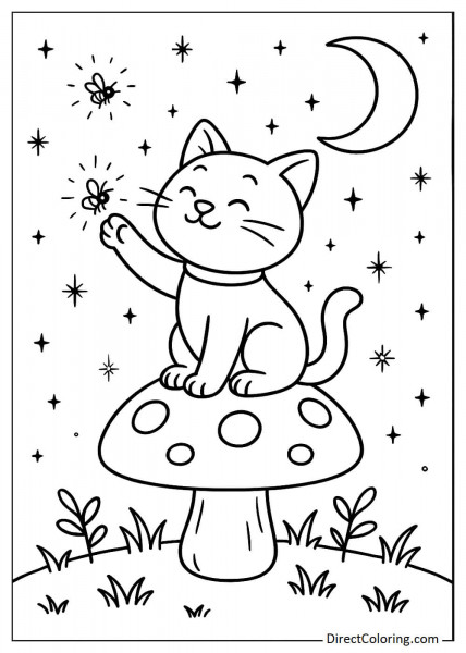 Cat sitting on a mushroom catching fireflies under the starry sky coloring page