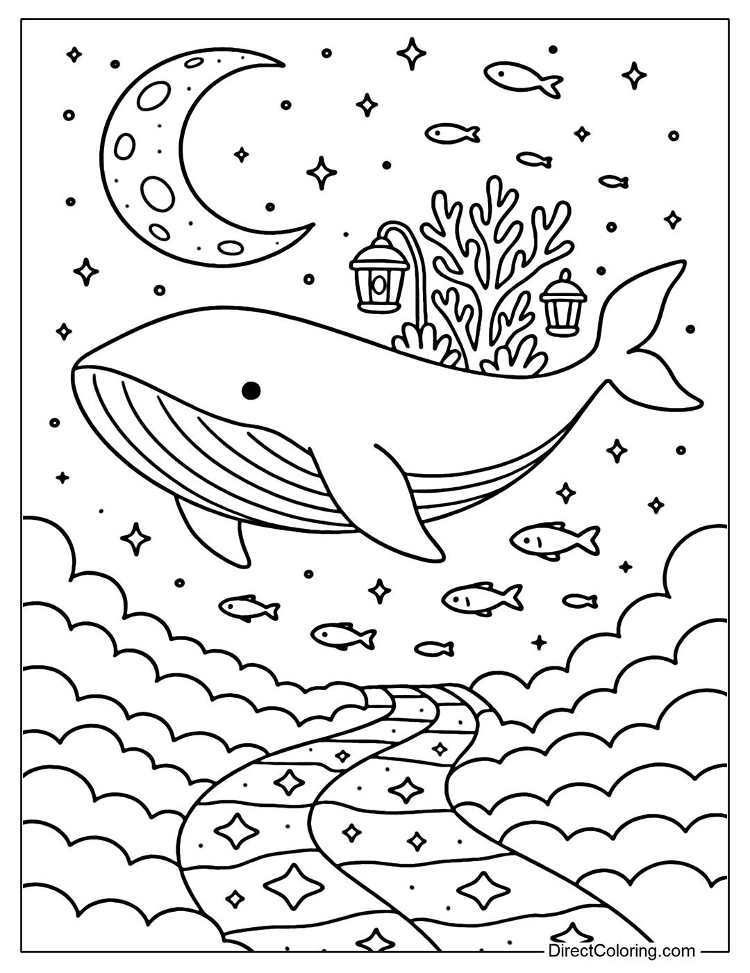 Coloring page of a giant whale swimming slowly through a sea of clouds, with corals and lanterns growing on its back.
