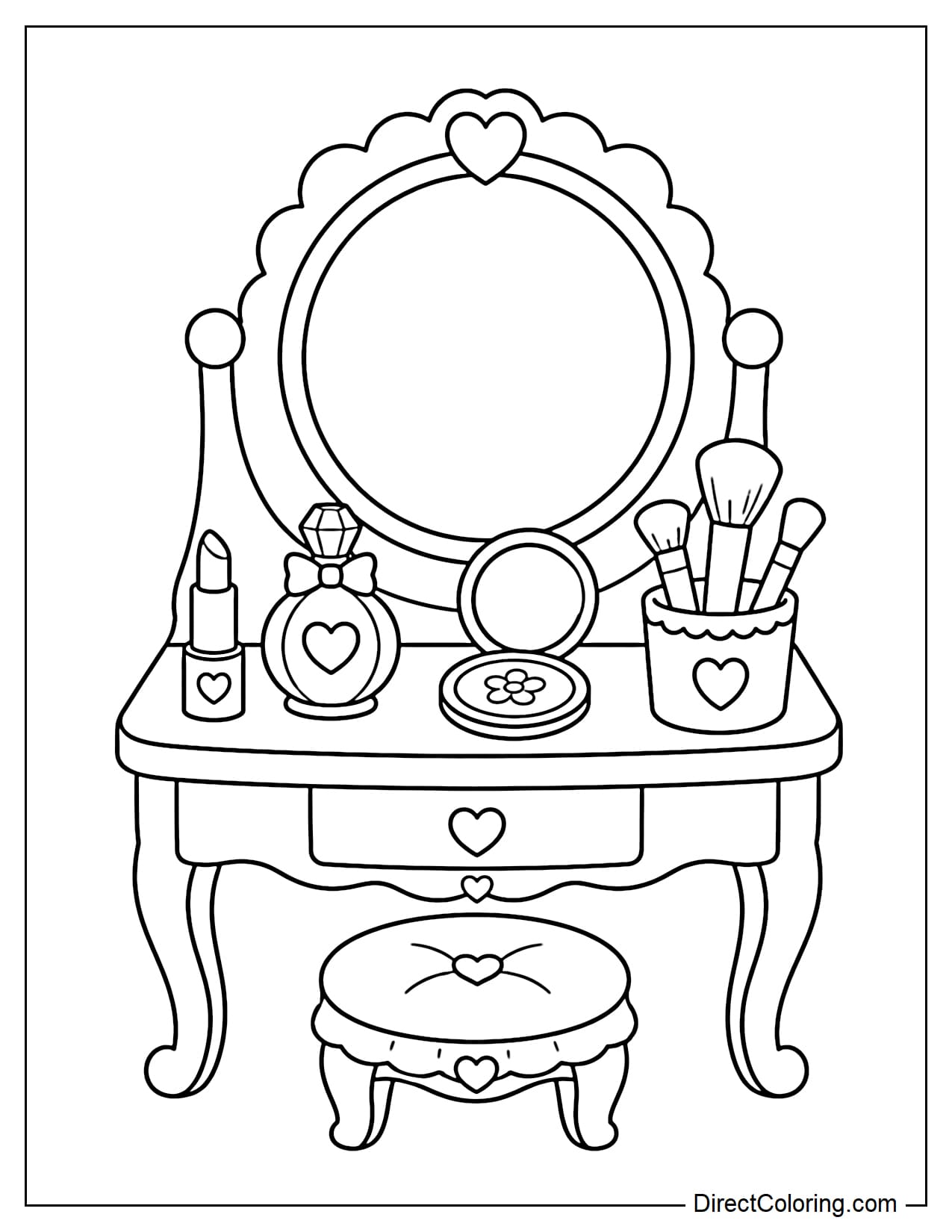 A small vanity table with a large round mirror, with a lipstick, perfume bottle, compact, and cup of makeup brushes on the tabletop, plus a small stool underneath.