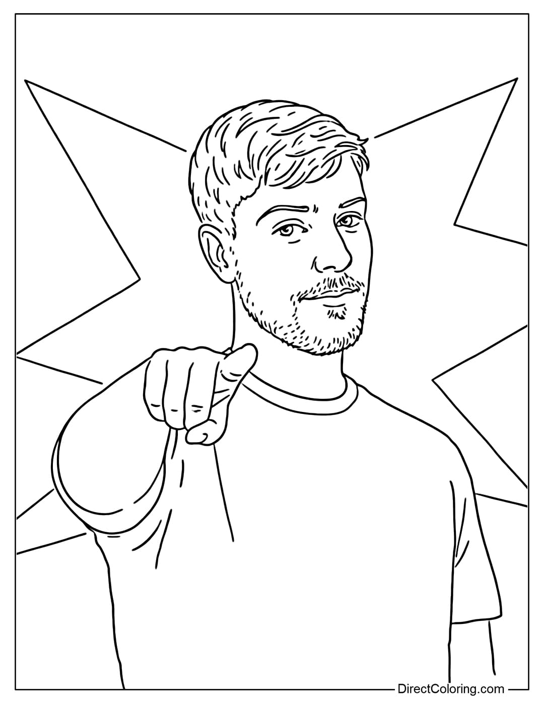 A coloring page of Mr. Beast pointing decisively at the viewer.