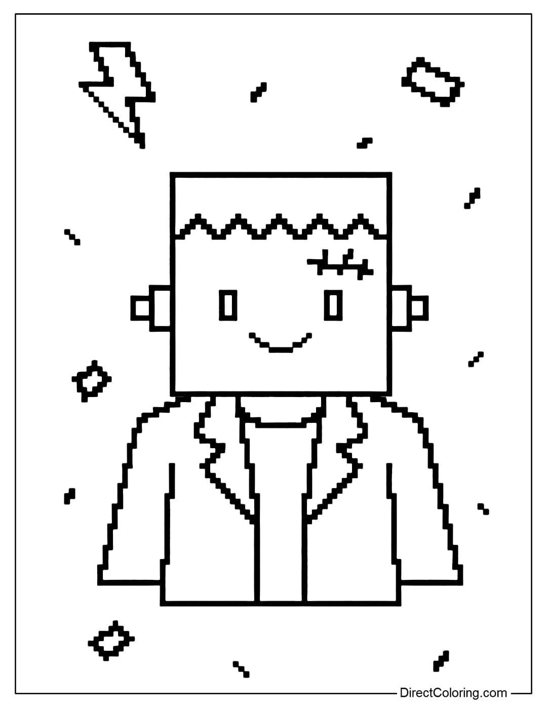 Pixel Frankenstein monster coloring page, square body, gentle smile, pixel background with lightning and some falling metal plates.