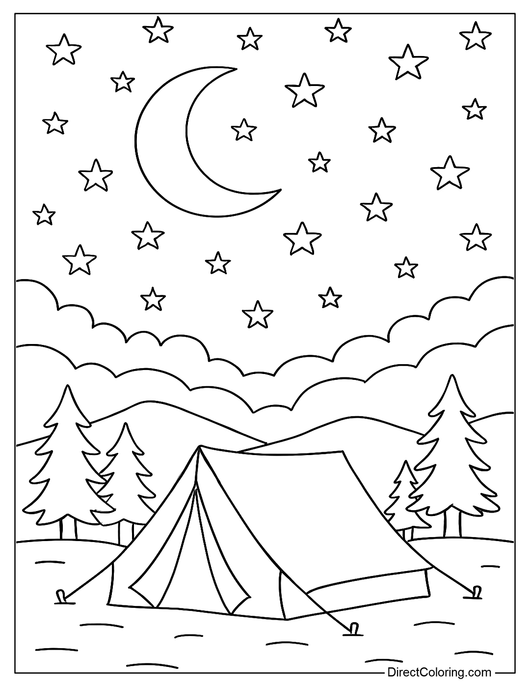 Camping tent coloring page under the stars and moon.