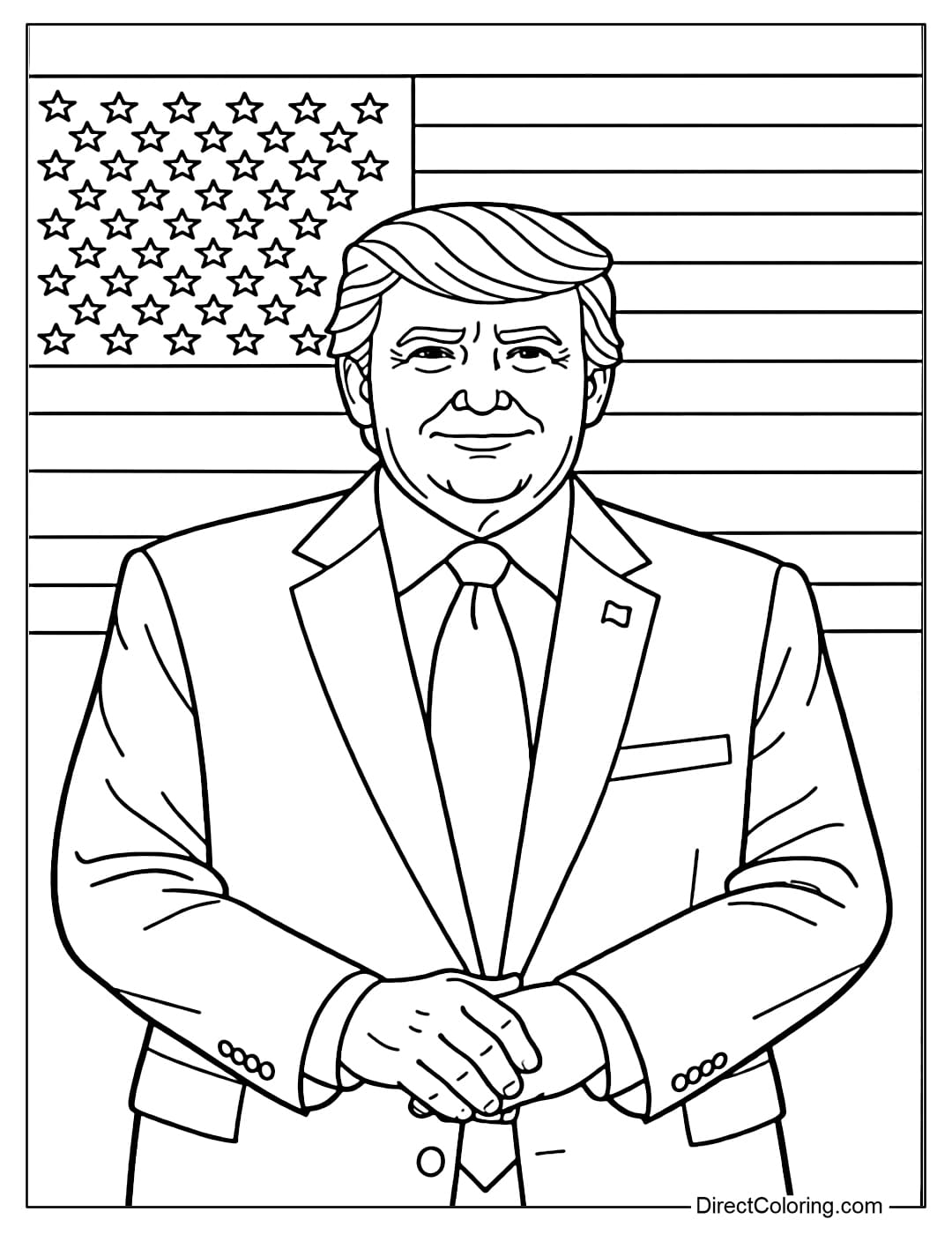 A coloring page of Donald Trump standing in front of the USA flag.