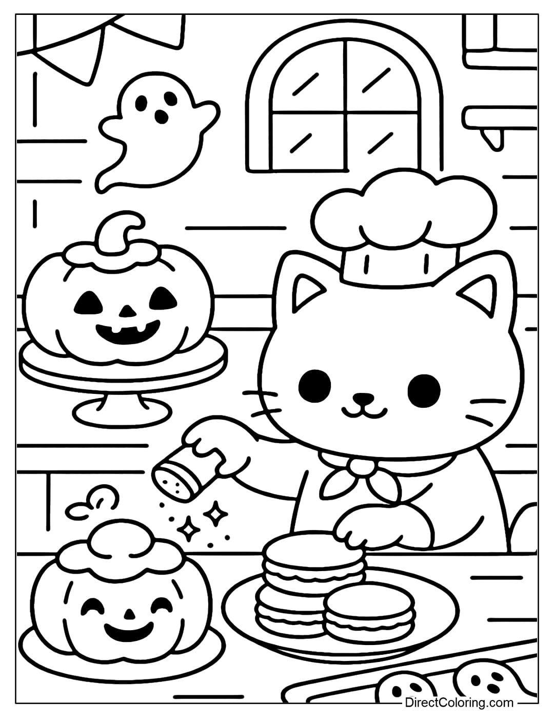 Sweet Halloween bakery coloring page, little cat in chef's hat sprinkling sugar.