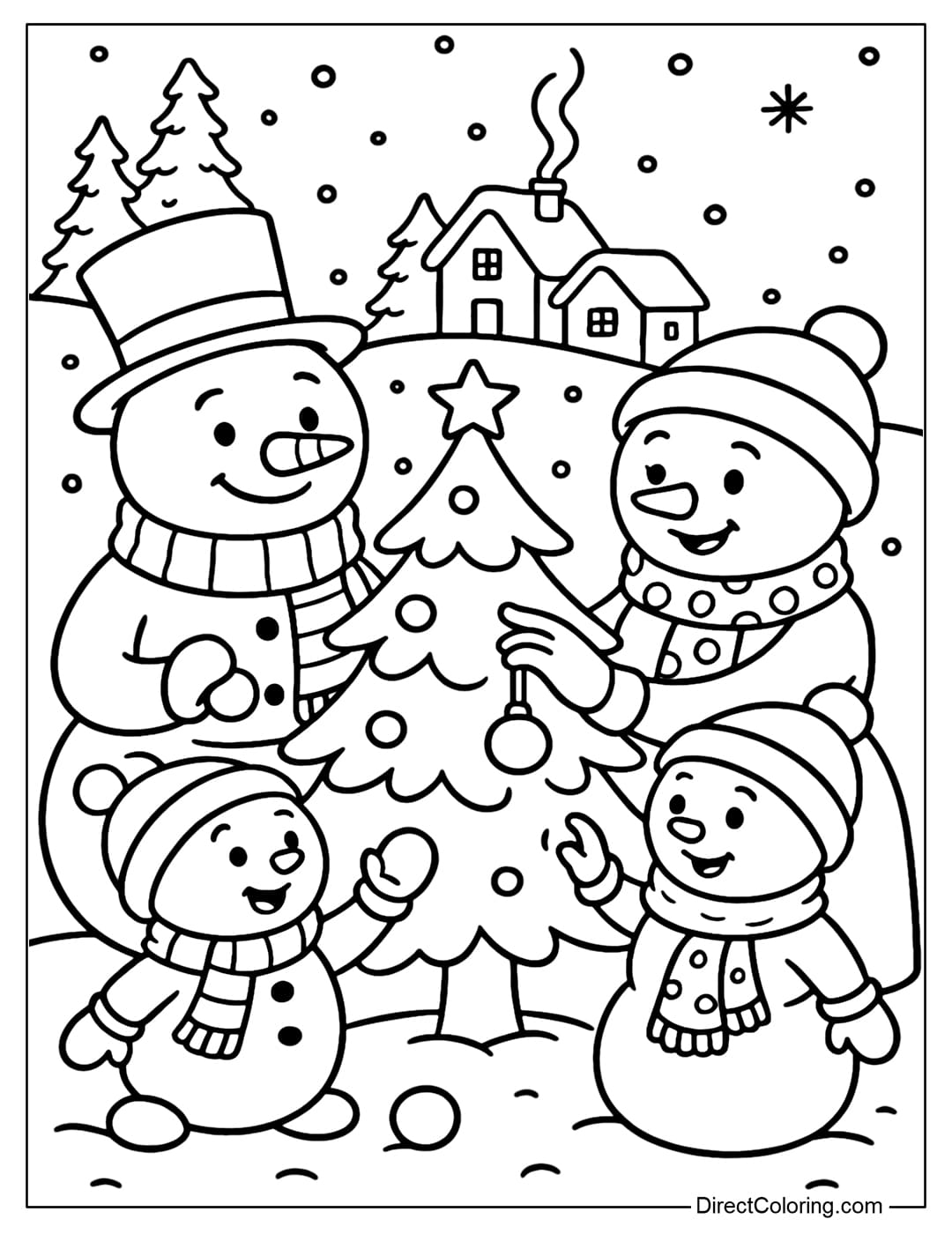 A snowman family coloring page with dad, mom and little snowman decorating the pine tree together.