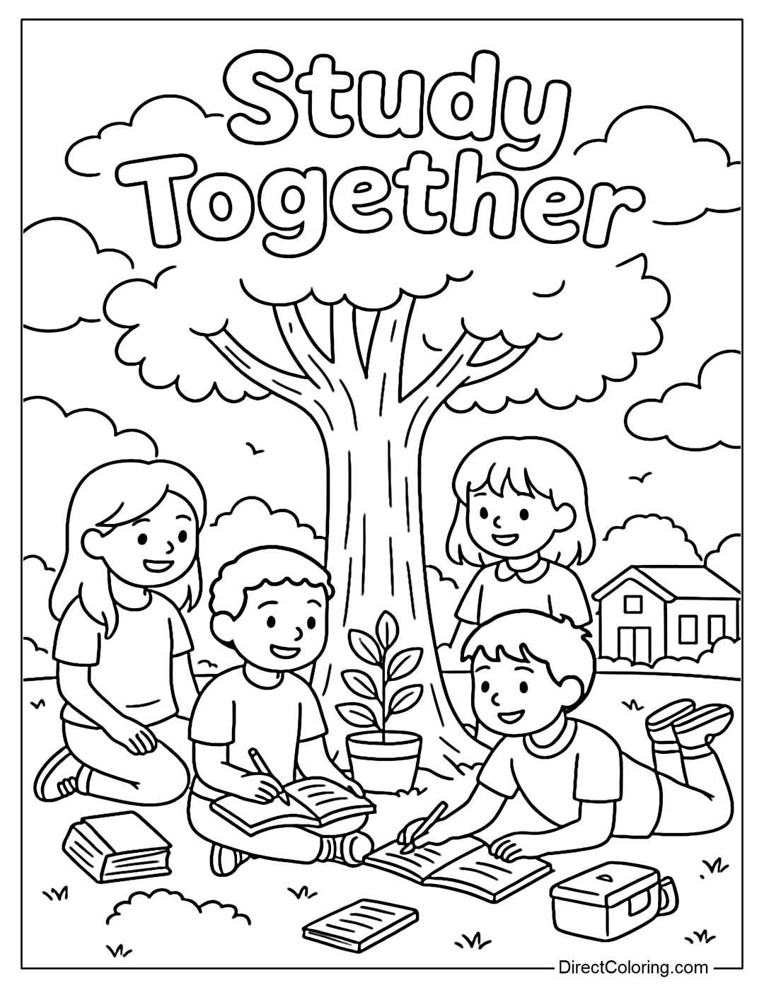 A coloring page of a group of four friends studying together under a tree in the school yard.