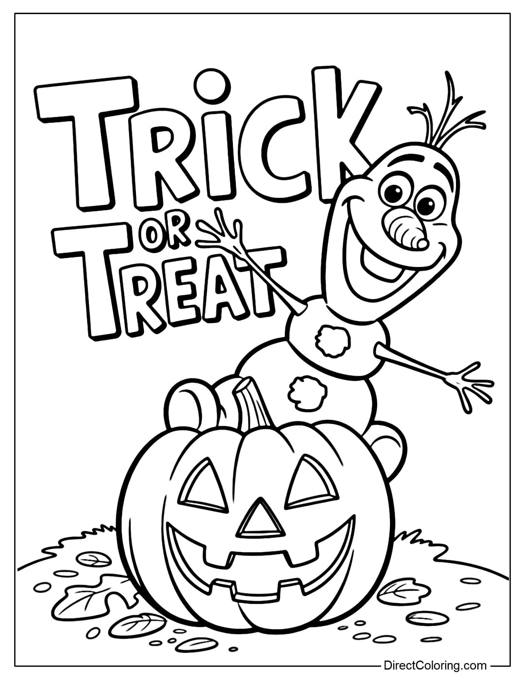 Coloring page of Olaf holding a pumpkin candy basket going trick or treating in front of a simple house on the snow with 3 pumpkins carved with snow-covered faces in the front yard.