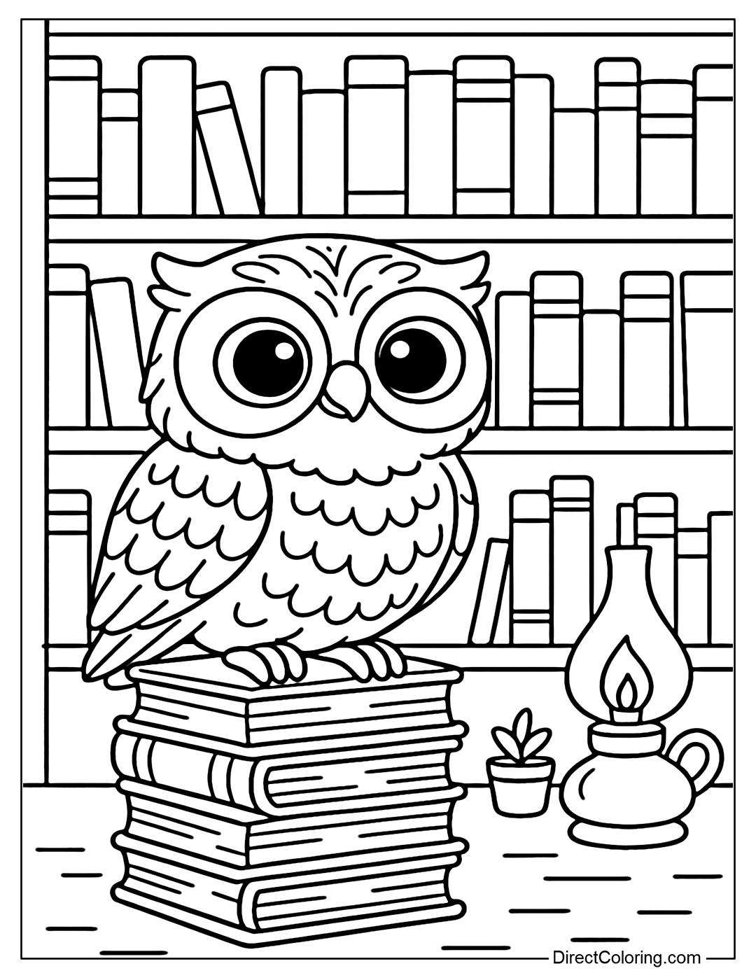 An owl coloring page perched on a tall stack of books, surrounded by a classic bookshelf and an oil lamp, its big round eyes shining with intelligence.