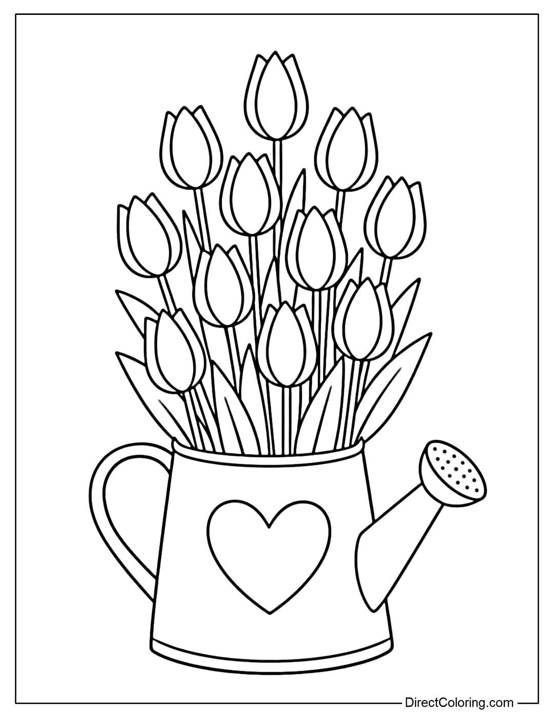Coloring page with many closed, teardrop-shaped tulips growing from a large watering can.