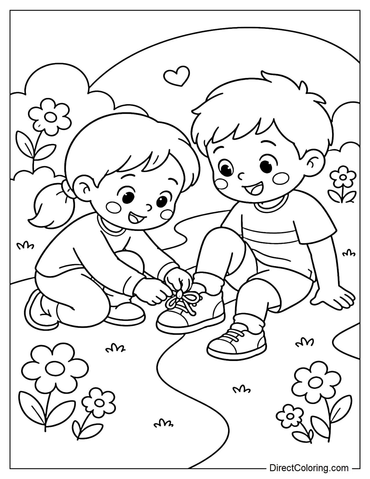 A little girl is bending down to help another girl tie her shoelaces with a friendly smile, surrounded by a few small flowers.