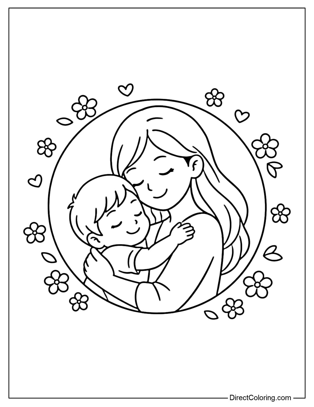 A coloring page showing a mother and child hugging inside a circle, surrounded by small flowers.