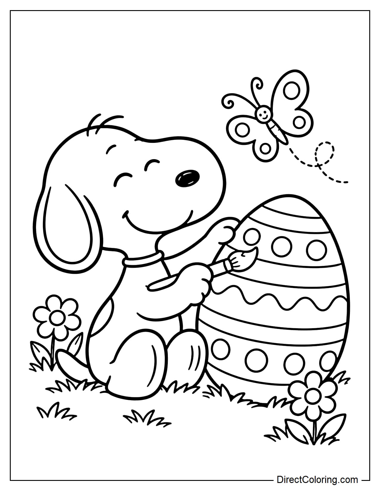 Snoopy sits beside a large Easter egg, holding a small paintbrush to decorate its shell. Two spring flowers and a little butterfly appear nearby.