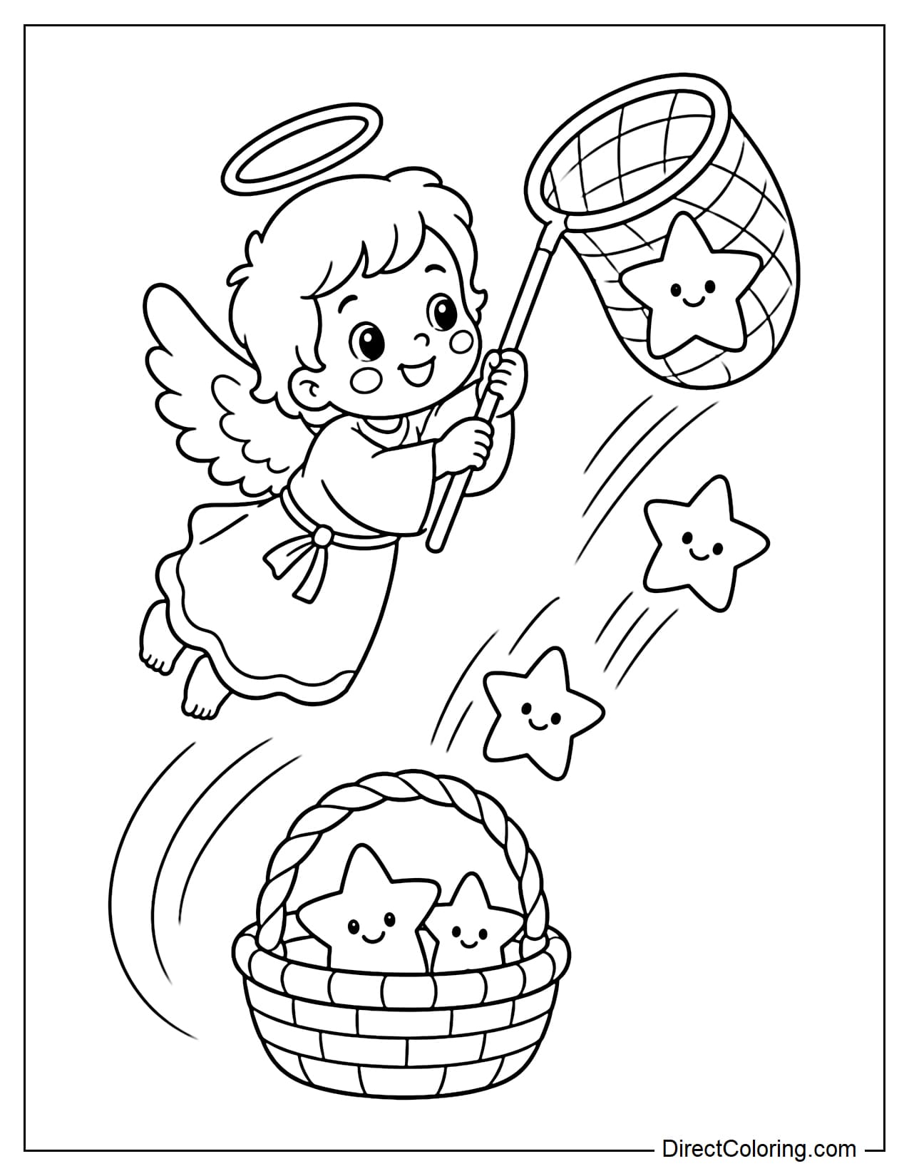 A little angel flies while using a large net to catch falling stars, with a basket below holding the stars already caught.