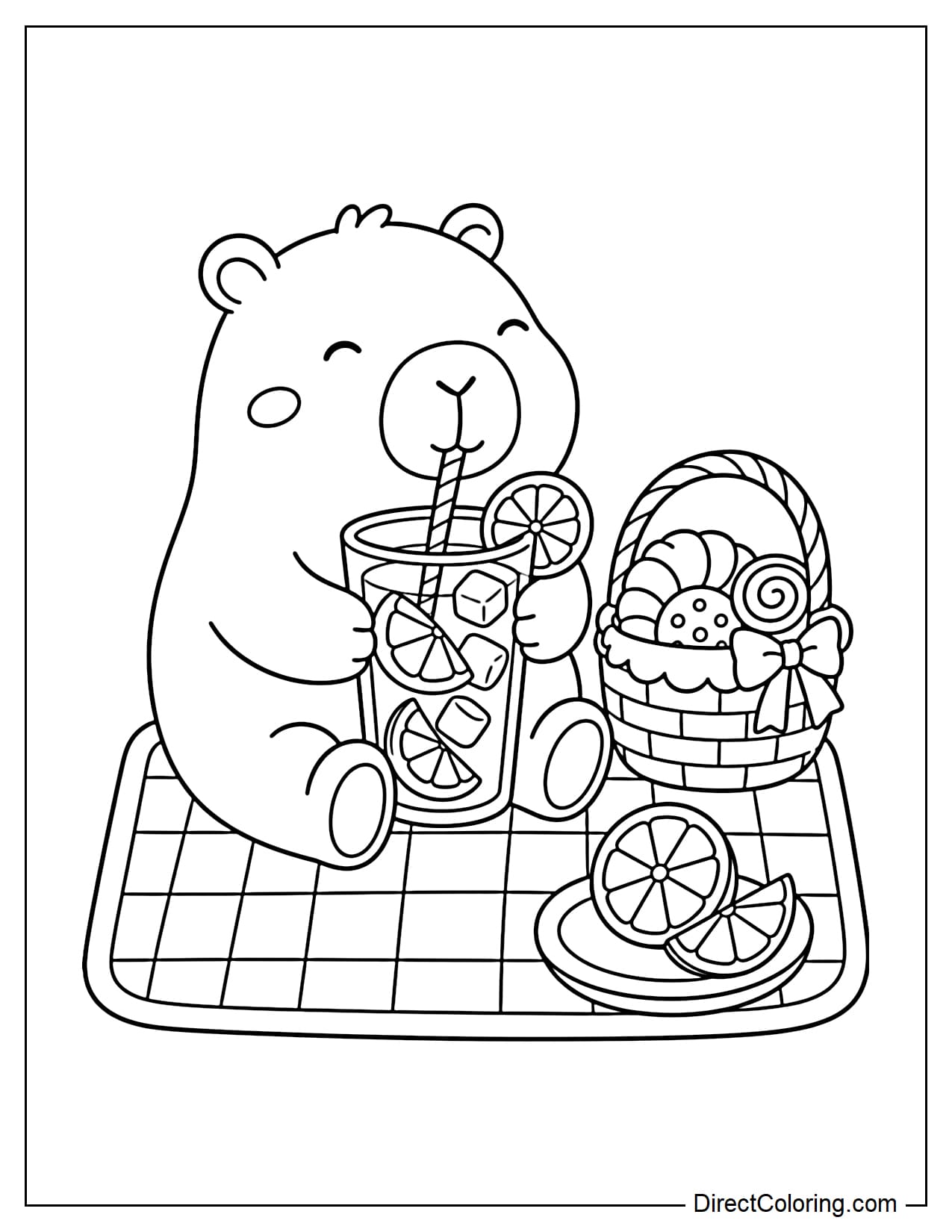 Capybara is relaxing on a picnic mat holding a large glass of lemonade, next to a basket of cookies and a few simple orange slices.