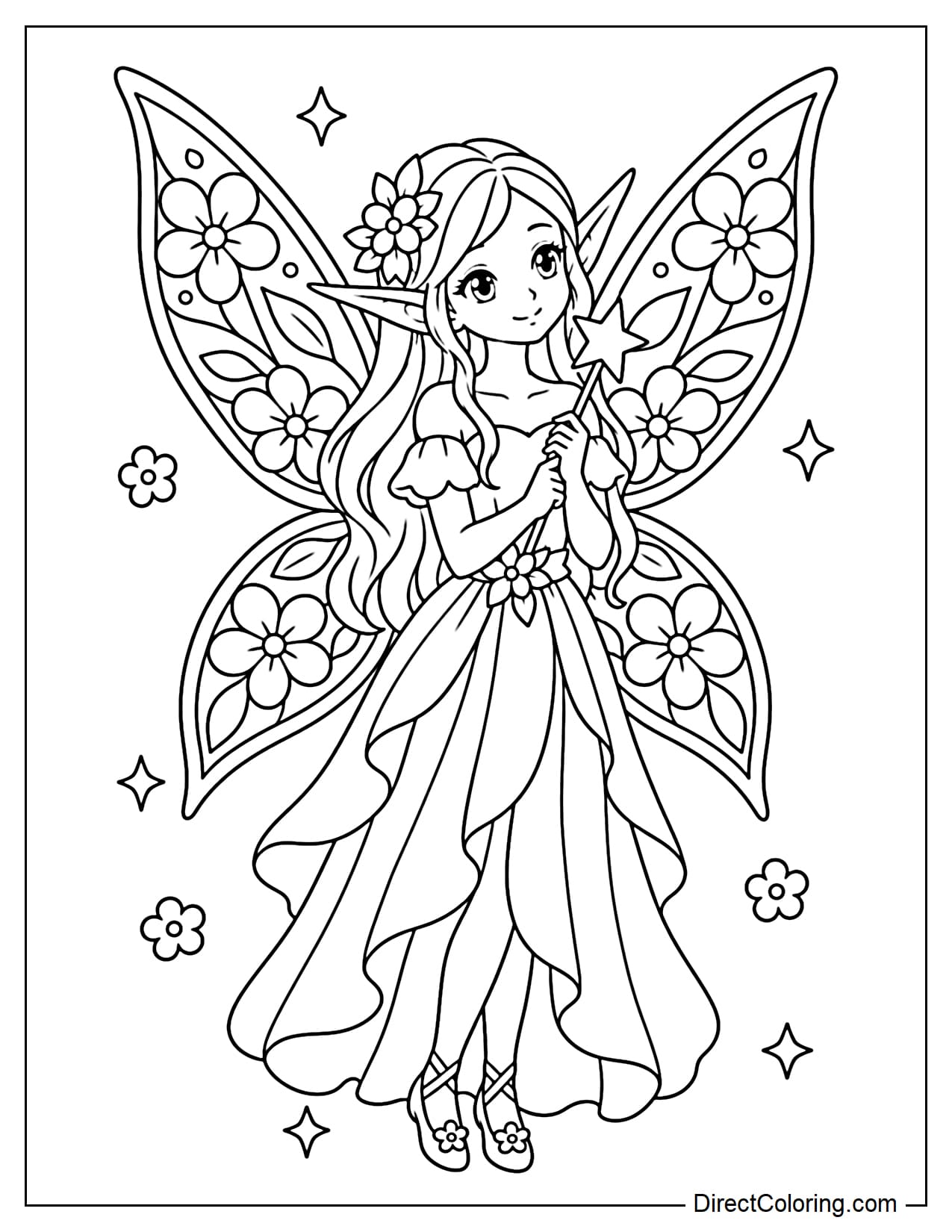 A fairy with long ears has long fairy wings decorated with large floral patterns inside them, while holding a magic wand topped with a large star.