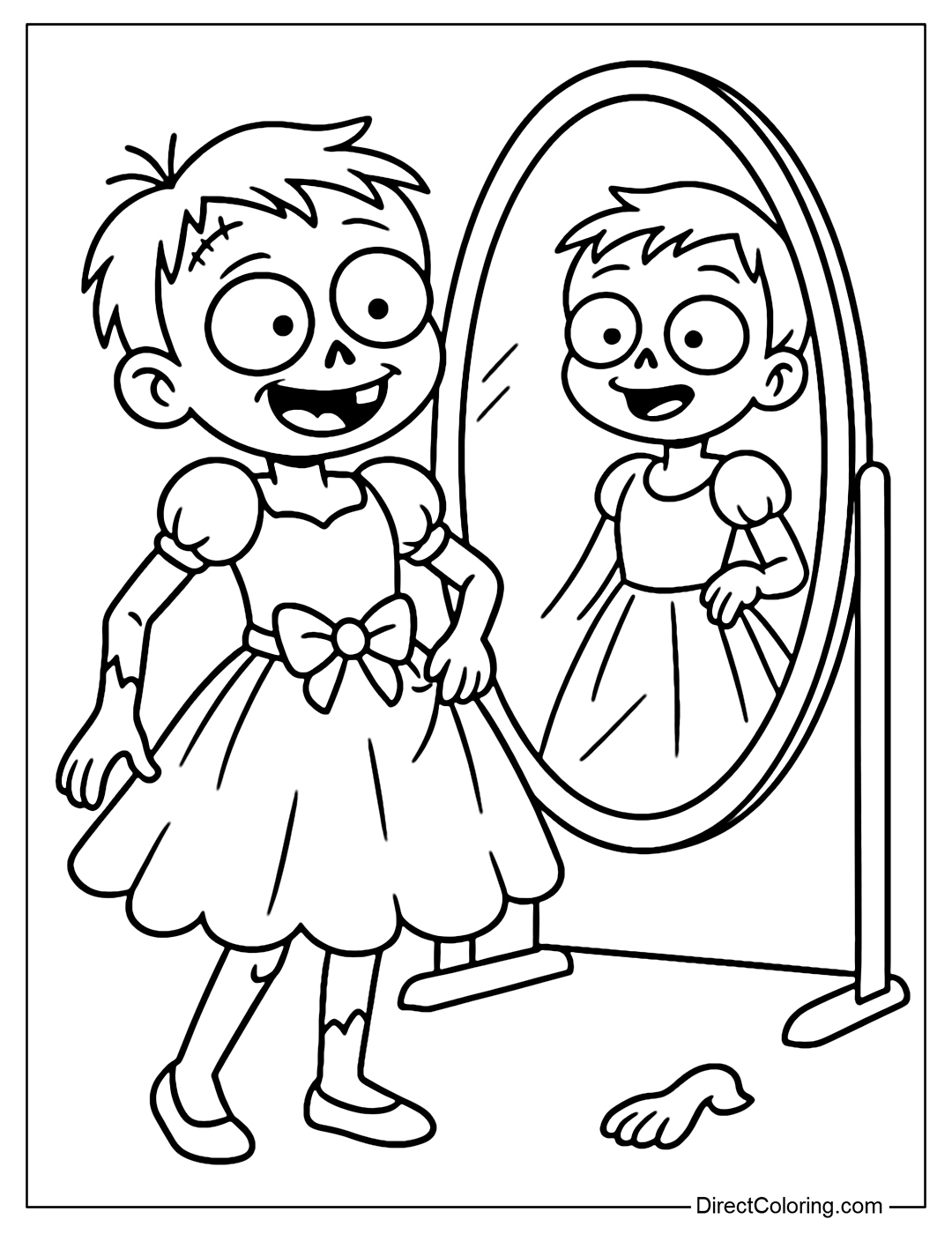 Coloring page of a zombie buying clothes, trying on a princess dress in front of the mirror.