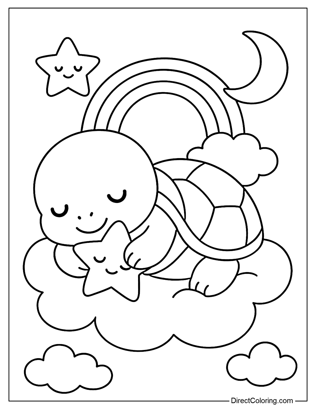 A coloring page of a baby turtle curled up sleeping soundly on a fluffy cloud, with a star-shaped pillow, surrounded by a soft rainbow, a smiling star and a crescent moon.