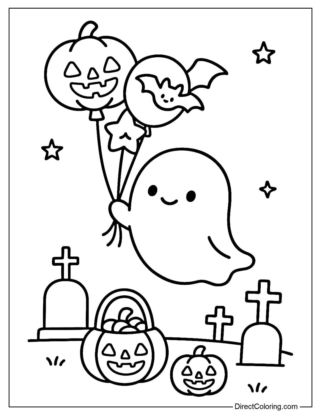 A ghost coloring page hovering over a cemetery holding a bunch of pumpkin, bat, and star shaped balloons.