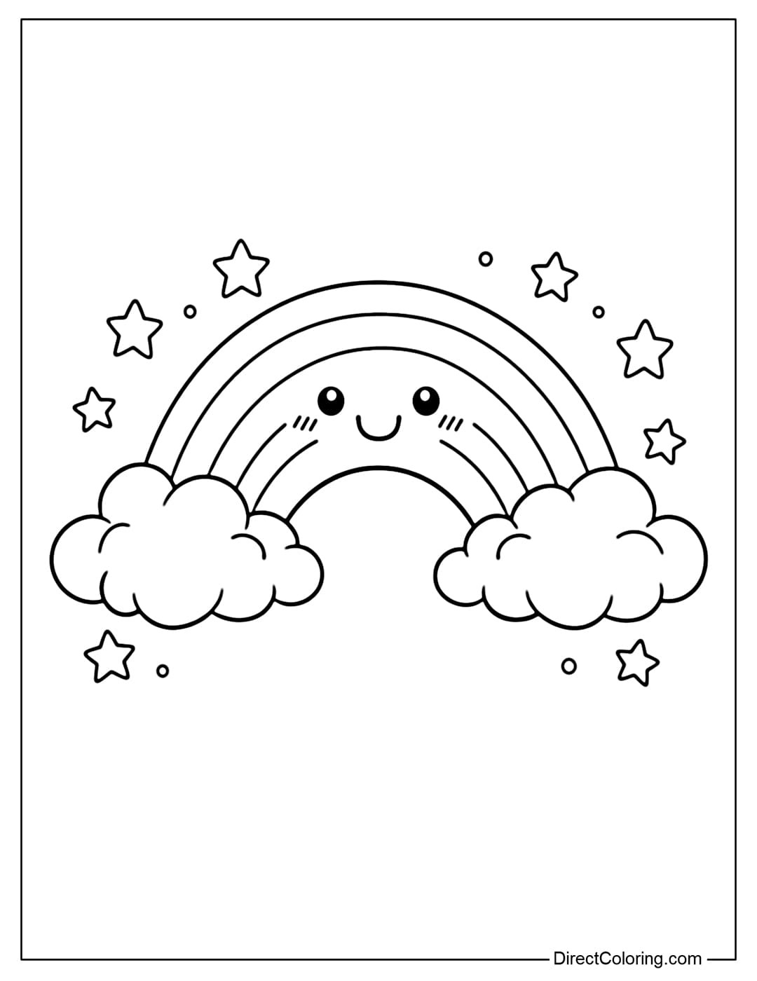 A rainbow coloring page with two cute-faced clouds above, surrounded by small stars.