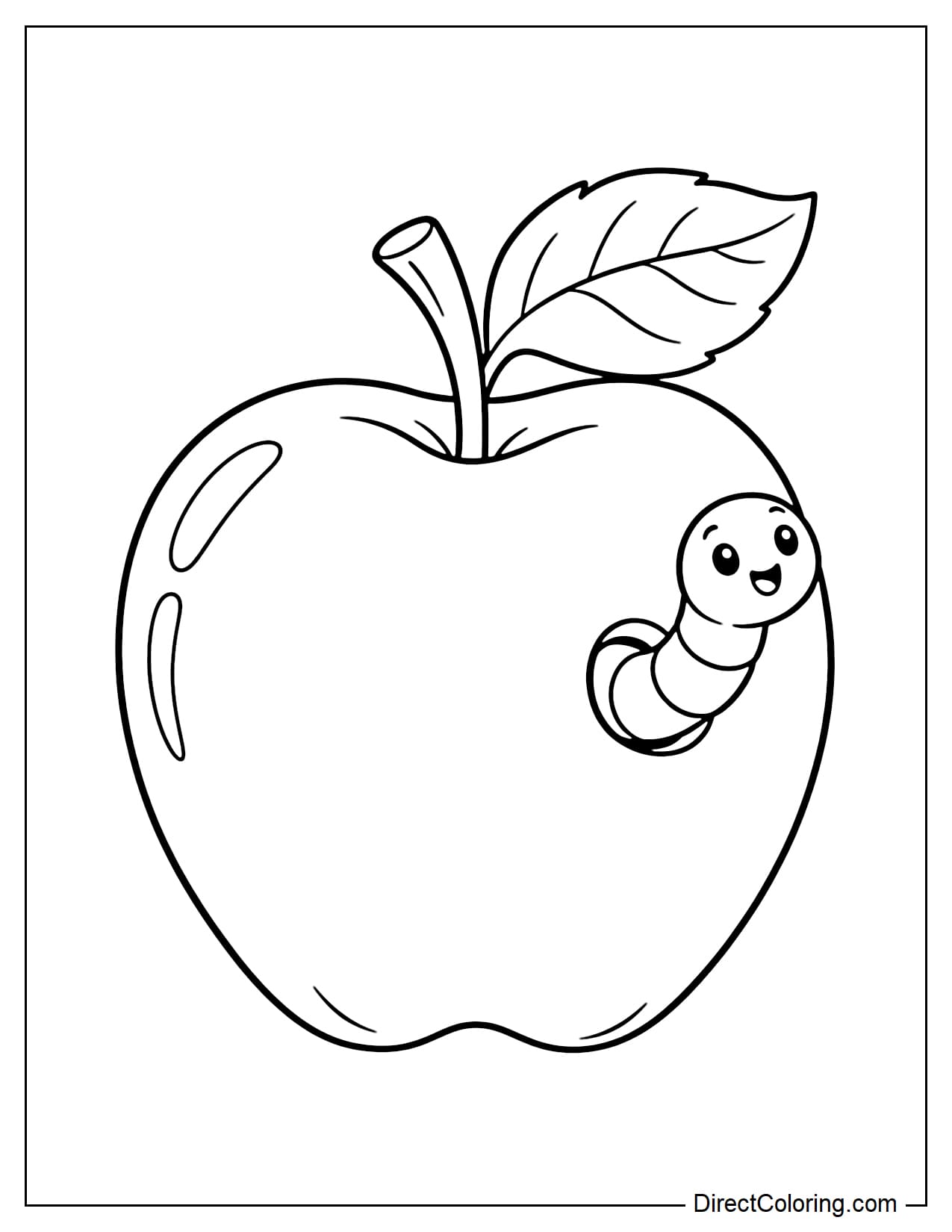 A large whole apple with a stem and leaf, with a cute little worm poking its head and part of its body out of a round hole in the apple.