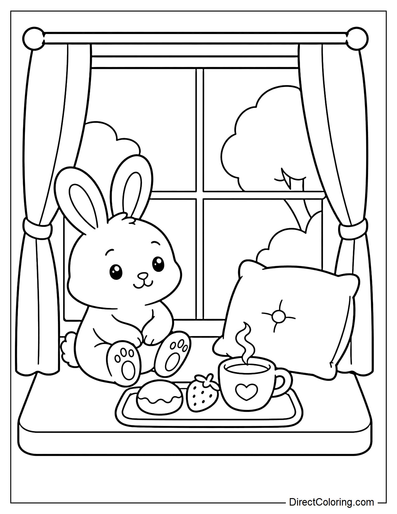 A rabbit sits on a wide window seat with a small tray holding a round pastry, a strawberry, and a hot drink. A soft pillow rests beside the rabbit.