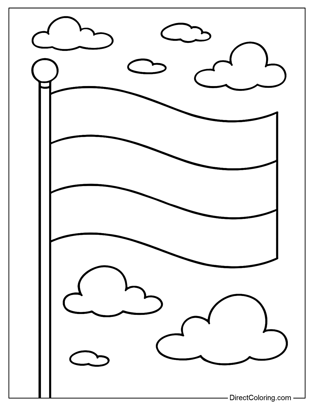 Simple three-striped Russian flag coloring page with sky and clouds.