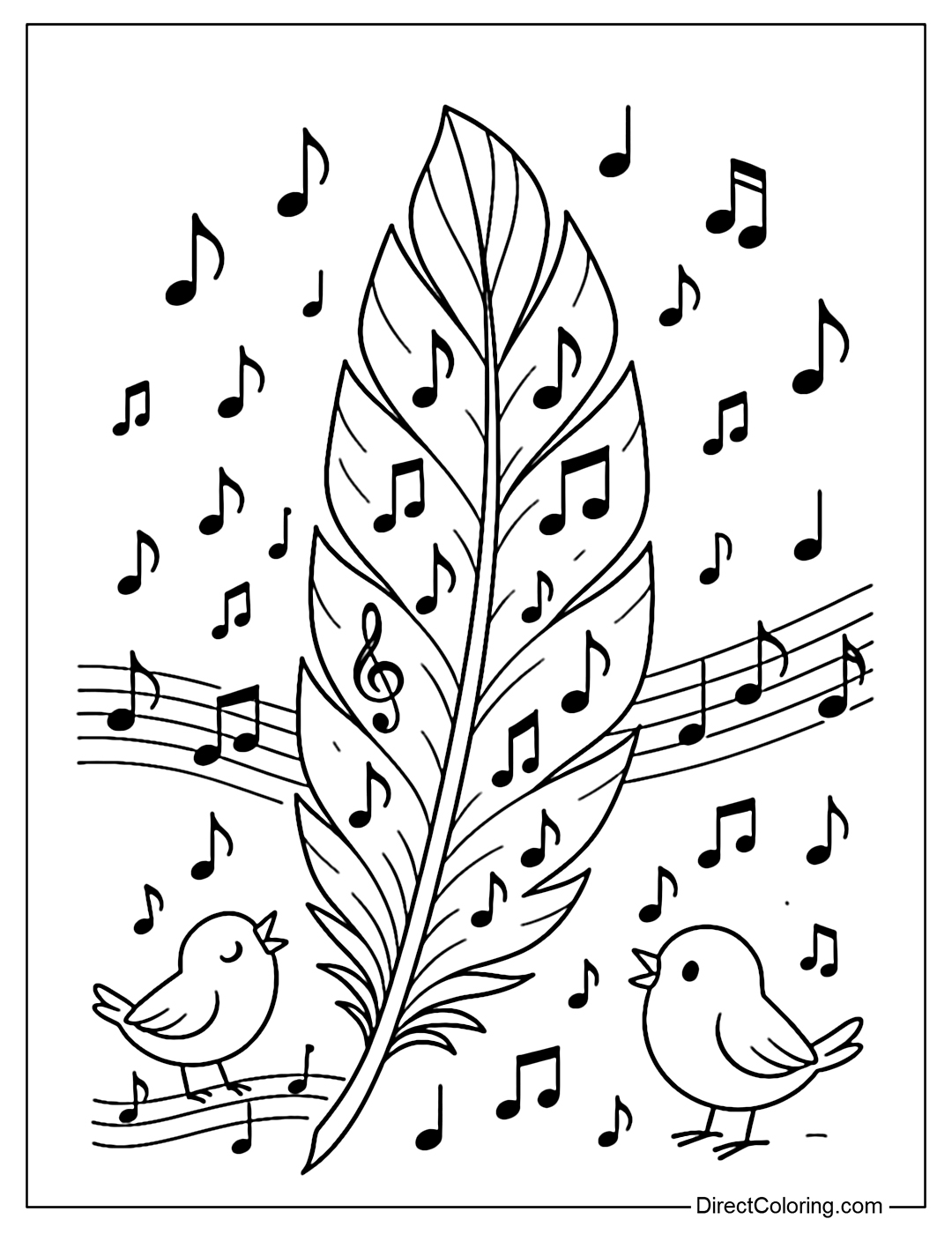 A feather coloring page with musical notes and little birds singing around.
