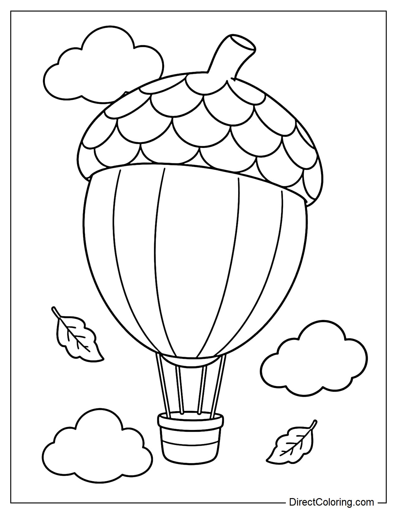 A giant acorn transformed into a flying hot air balloon, with the acorn cap at the top and a small basket hanging underneath, surrounded by three large clouds and two floating leaves.
