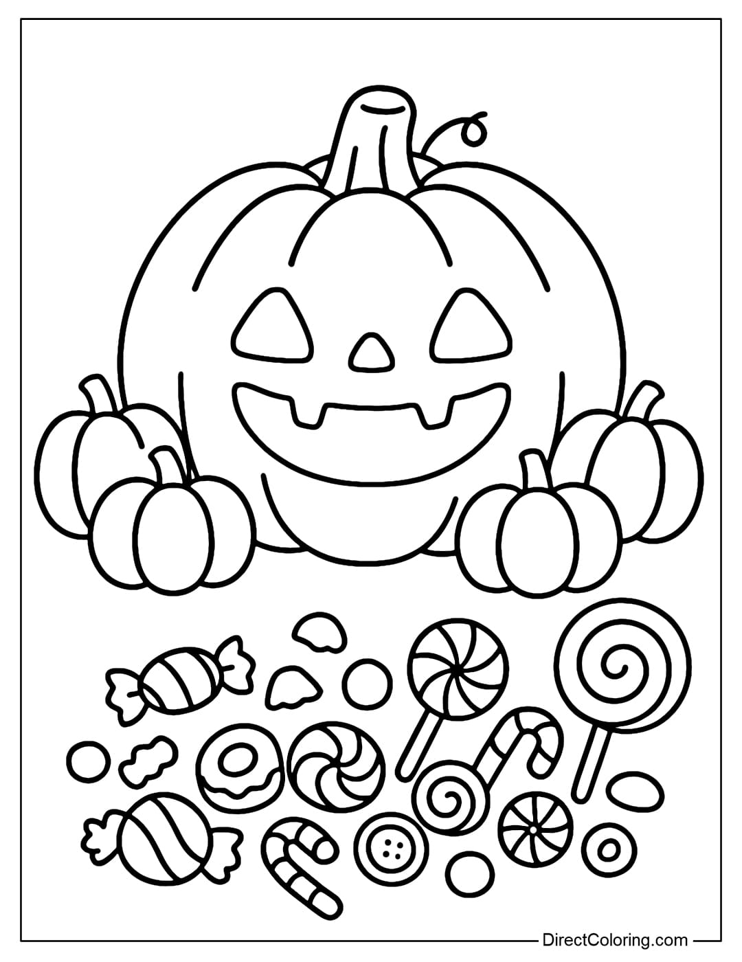 A coloring page of a large pumpkin lantern with many small pumpkins around it, in front of which are piles of candy, cakes, and lollipops.