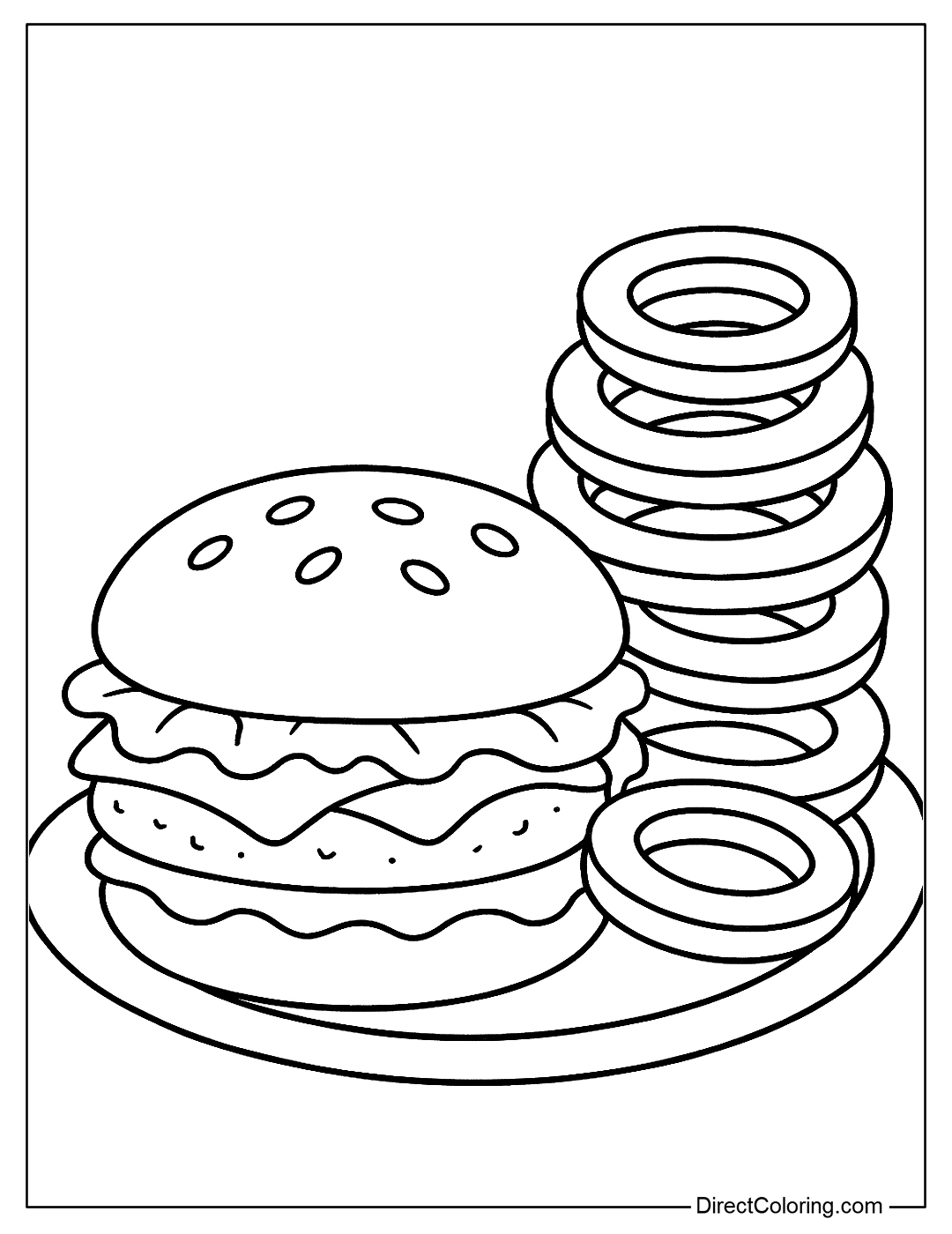 a hamburger coloring page with crispy golden onion rings