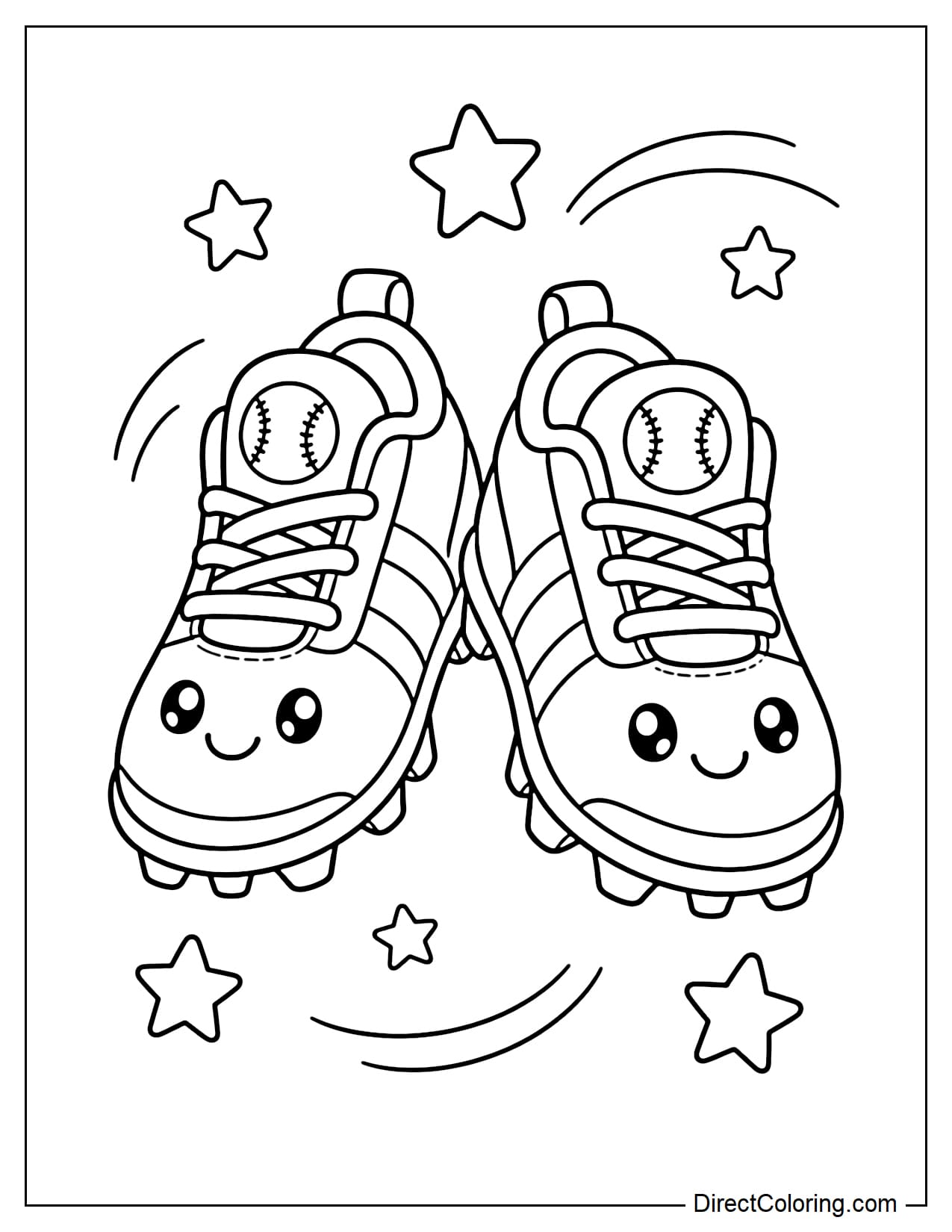Adorable baseball shoes with a smiley face and a few stars around them.