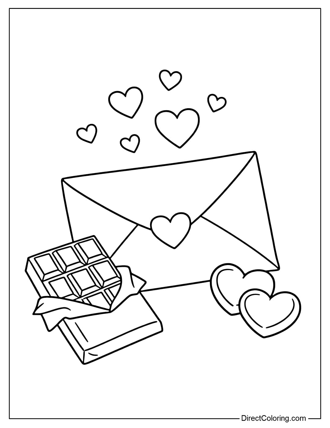 Coloring page of a love letter placed next to a chocolate bar and heart-shaped candies, with small flying hearts on top.