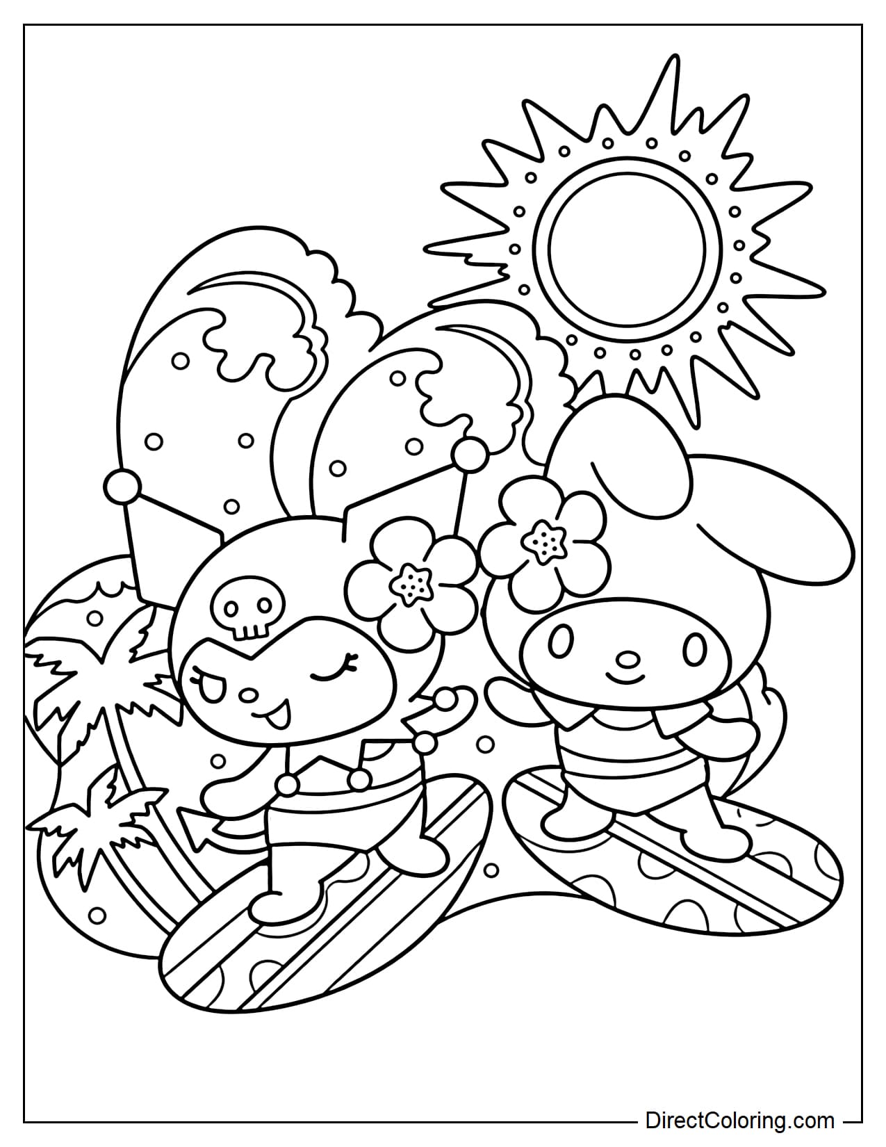 Kuromi and My Melody are surfing together on a sunny beach.