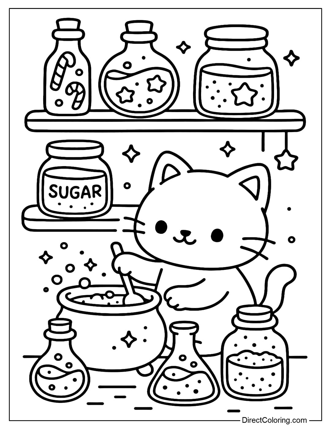 A magic candy lab coloring page, bottles containing magic syrup and glowing sugar powder, little cat is mixing pink mixture.