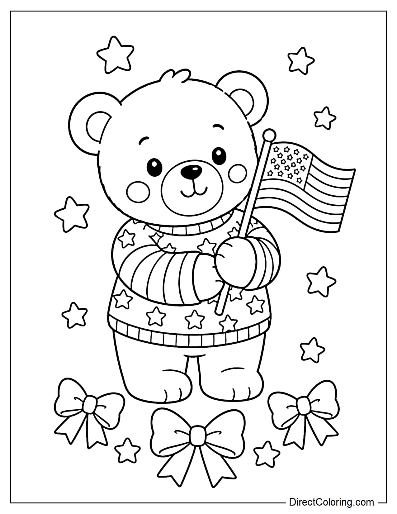 A teddy bear wearing a star-striped shirt is holding a small American flag, with a few bows and stars as decorations.