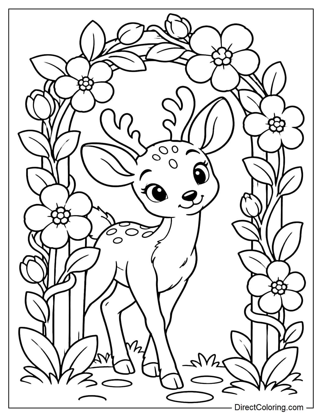 A cute deer peeking its head and front body through a large flower arch made of a few big flowers and simple curved branches.