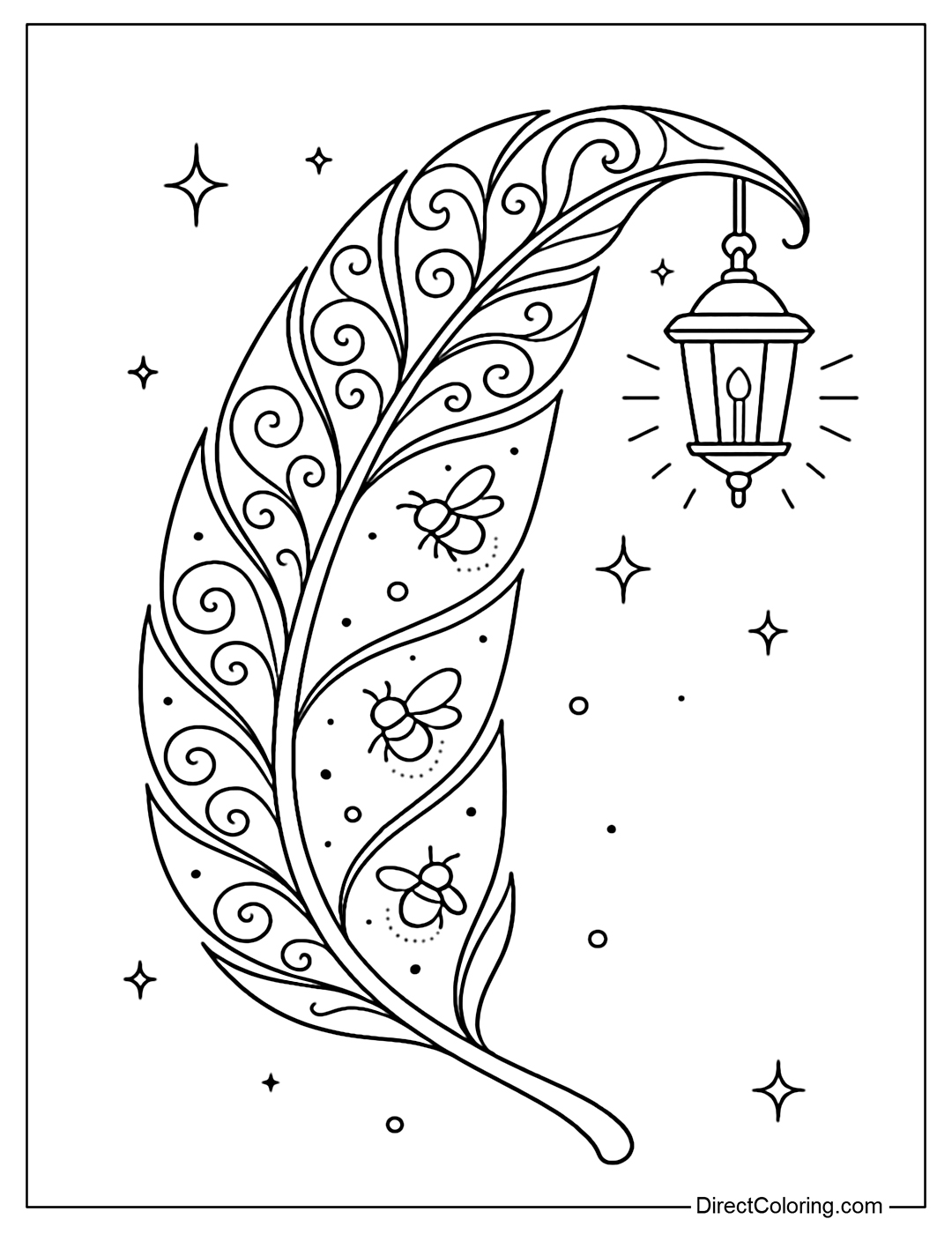 A large curved feather coloring page with a hanging lantern, the feather ridges have a sparkling spiral pattern. Inside the feather are small glowing fireflies, creating circular dots of light around the feather shaft.