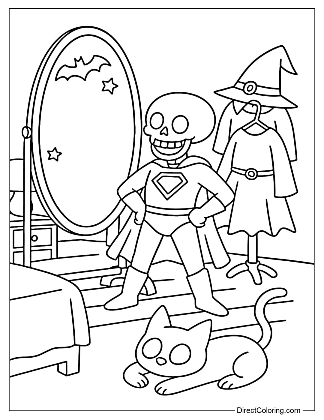 Coloring page of a skeleton in the bedroom, trying on various costumes (superhero, witch, black cat), in front of a mirror with bats and stars.