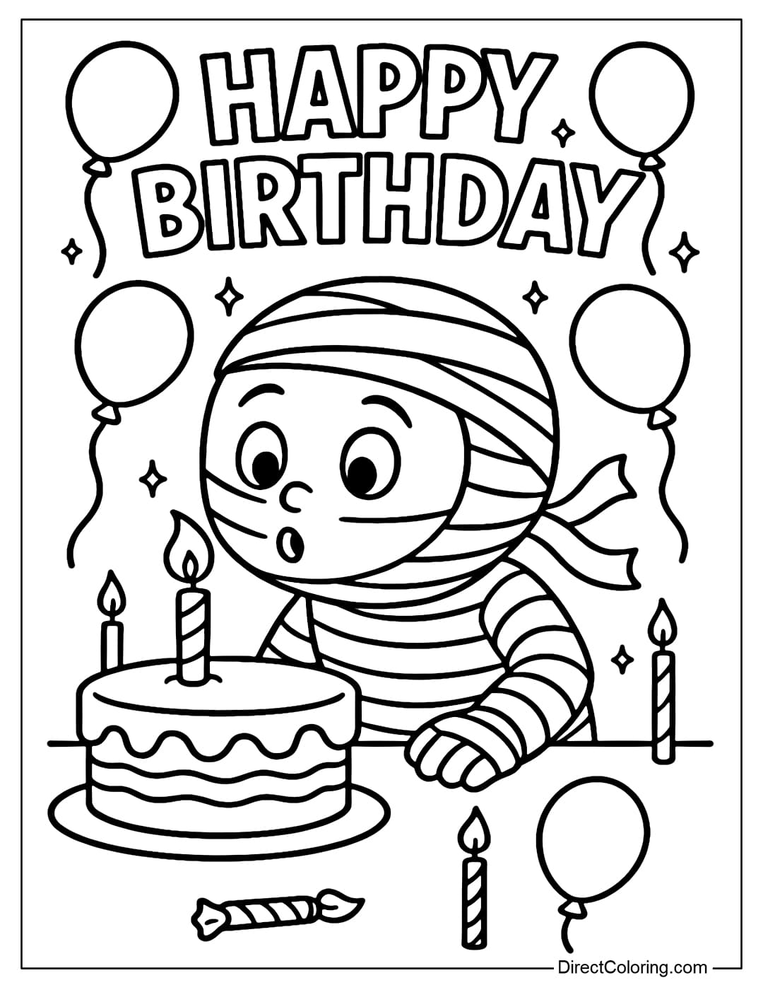 Coloring page of mummy blowing out candles on a birthday cake, surrounded by balloons, candles and the word Happy Birthday.