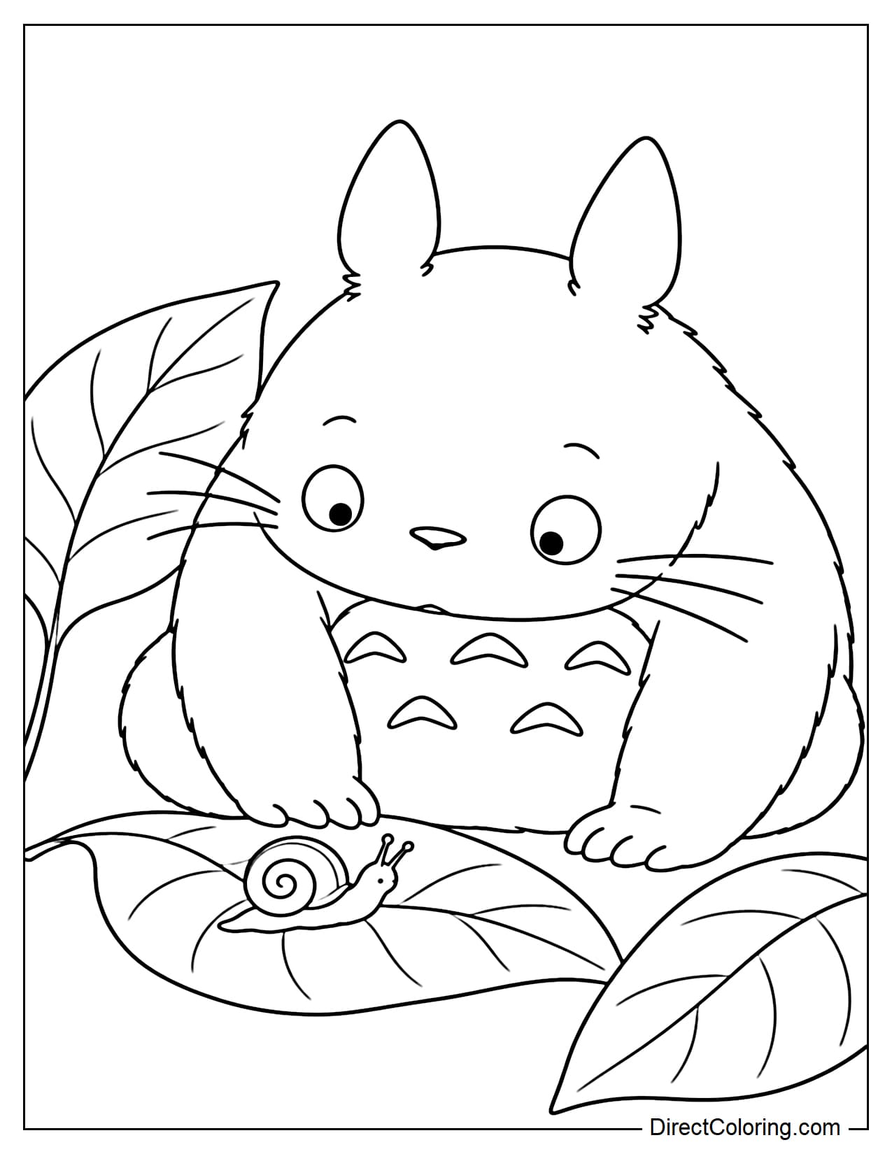 Totoro leans forward with both hands on the ground, curiously watching a small snail crawl across a large leaf near his feet.