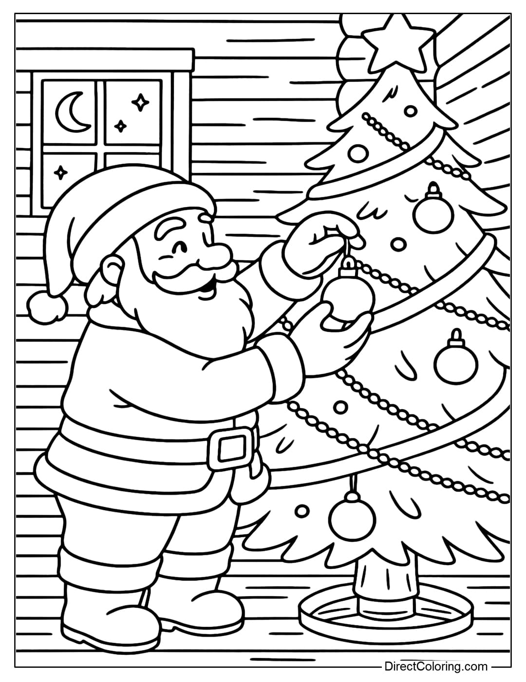Santa with Christmas Tree Coloring Page Coloring page Santa is hanging a bauble on the Christmas tree, a warm scene in the wooden house.