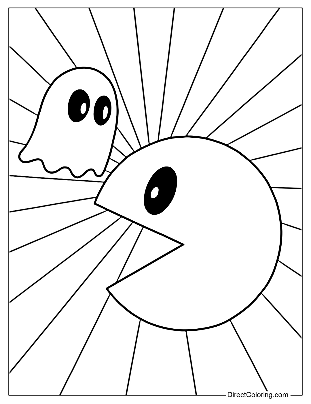Coloring page of Pac-Man scene lit from the side, in front is the shadow of the ghost chasing, background has a ray of light.