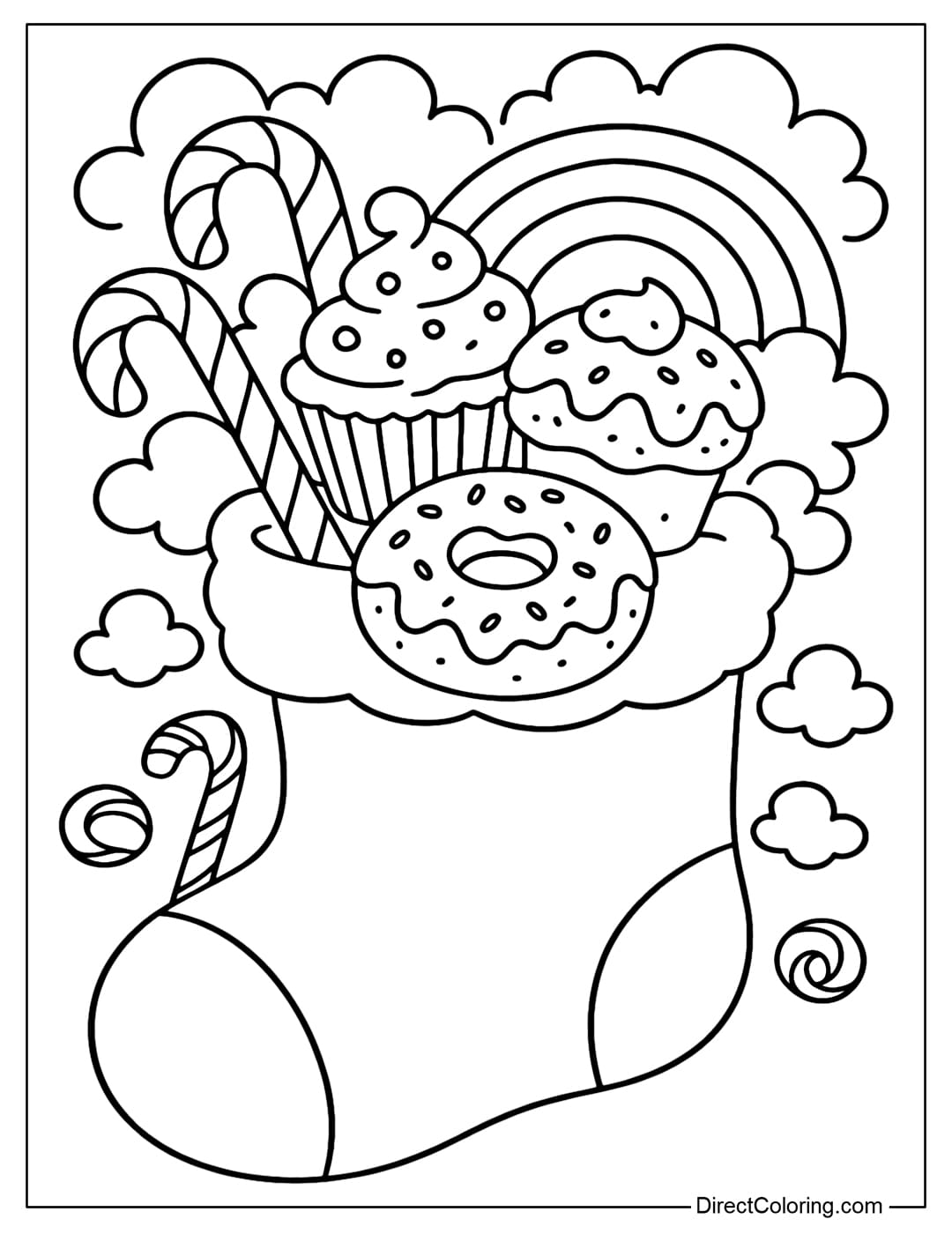 Candy Wonderland Stocking Coloring Page Coloring Page A giant stocking turns into a candy world: candy canes, cupcakes, snow-covered donuts, and a sweet rainbow.