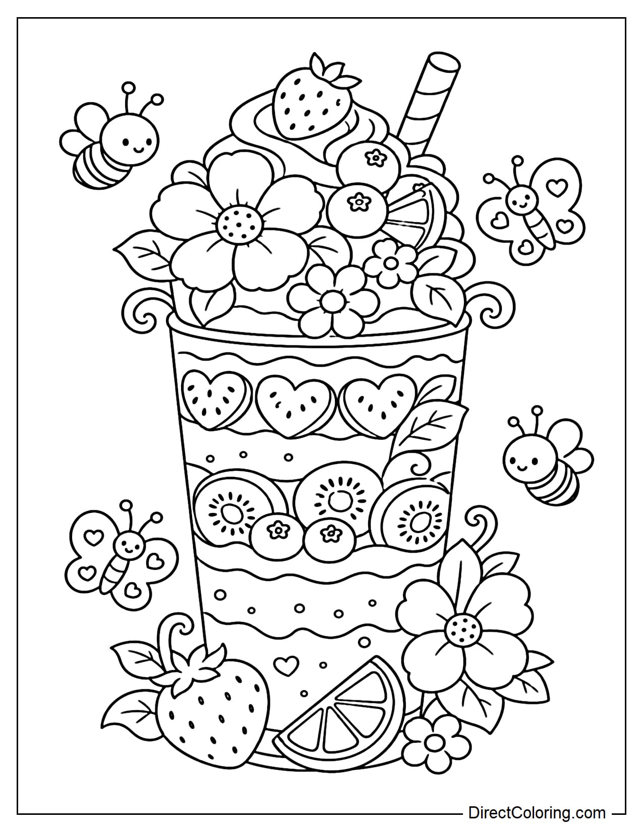 A multi-layered smoothie tower decorated with flowers, leaves, and cute fruit toppings, surrounded by small bees and butterflies.