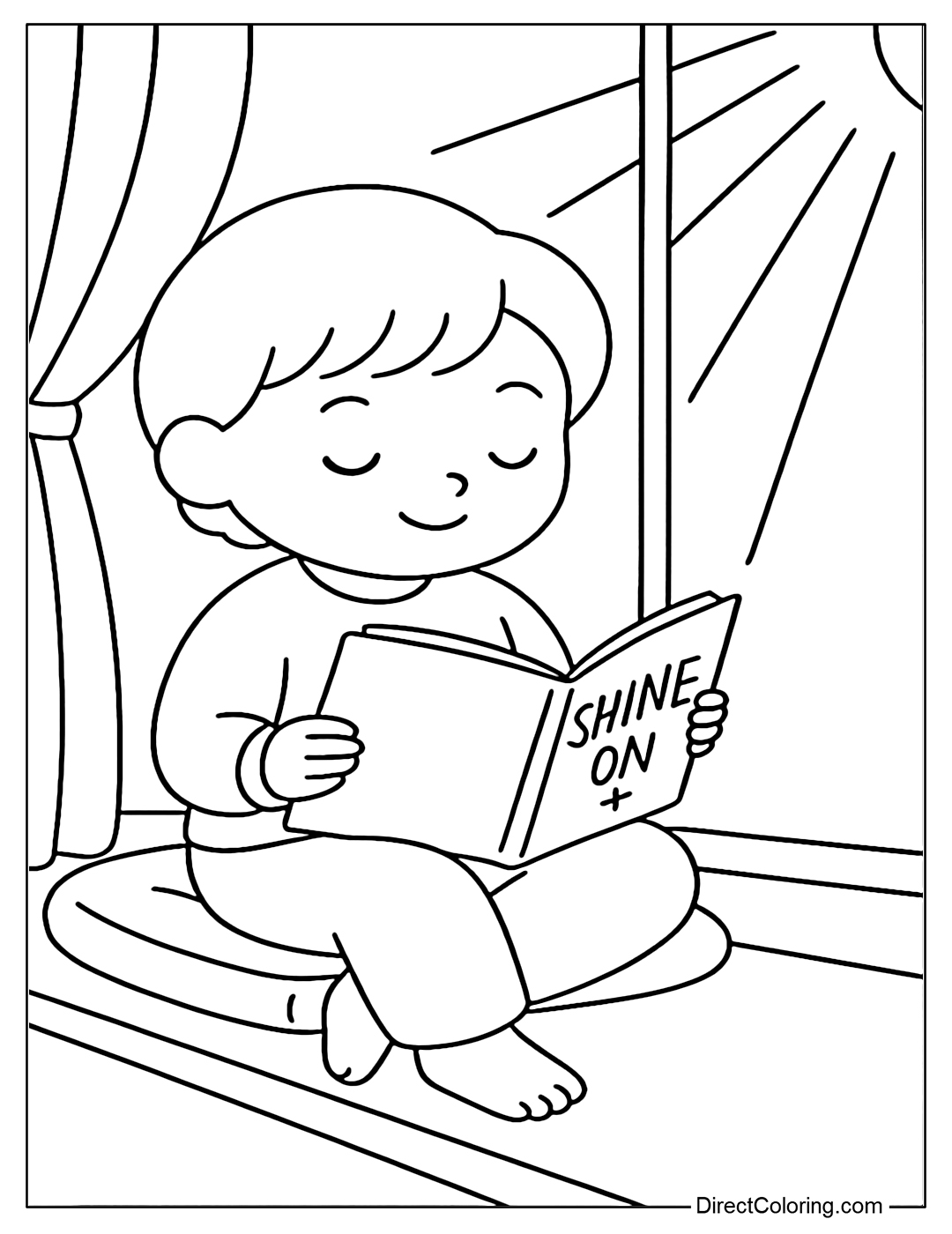 Coloring page of a child sitting reading a book by the window with sunlight shining through the curtains, in the book there is the line 