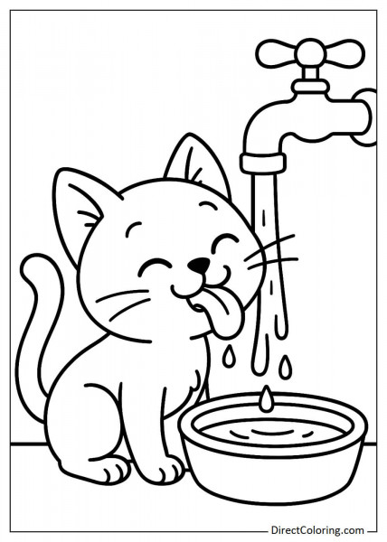 Cat drinking water from a running tap coloring page