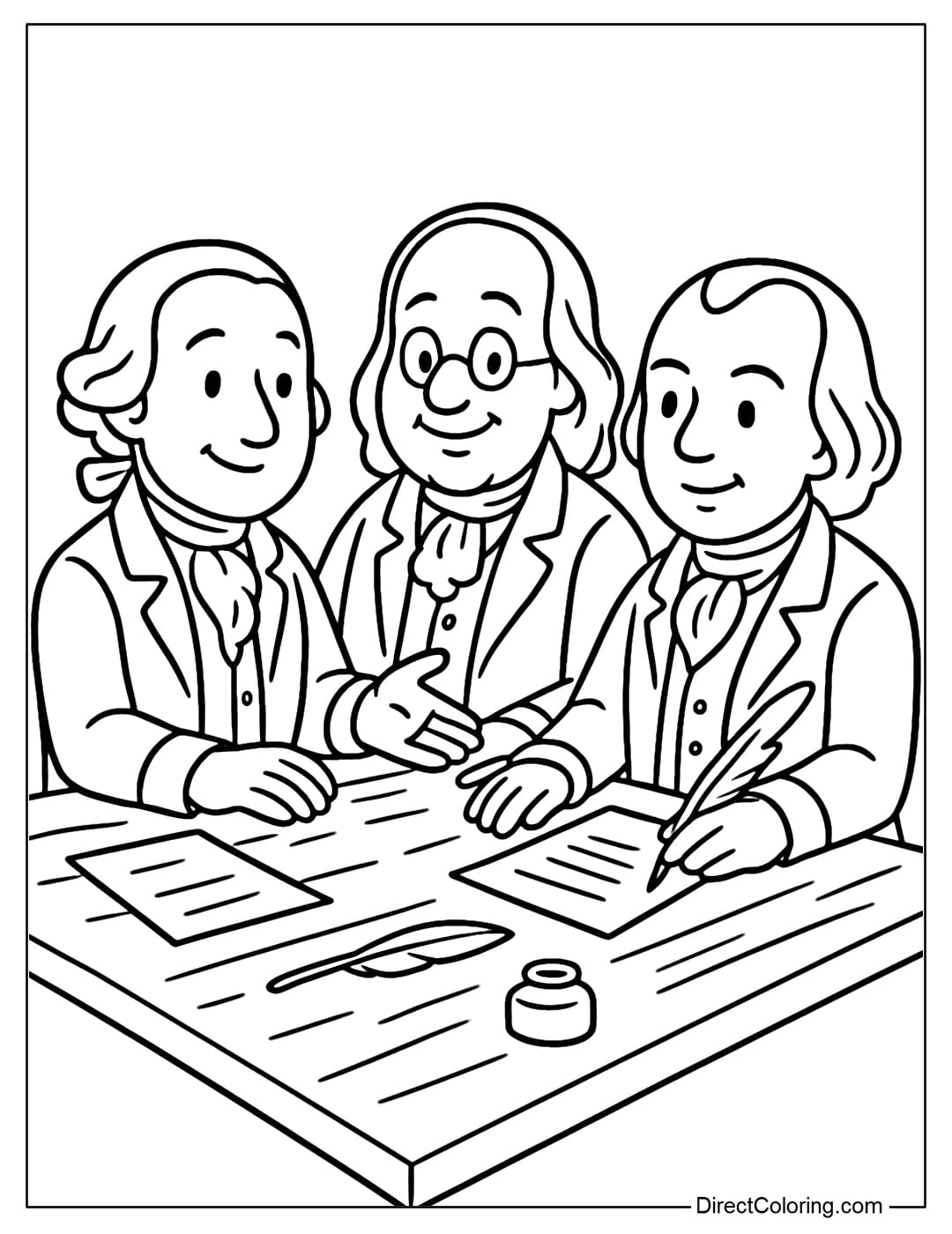 Coloring page of the group of American Founding Fathers (George Washington, Benjamin Franklin, James Madison), discussing at a wooden table.