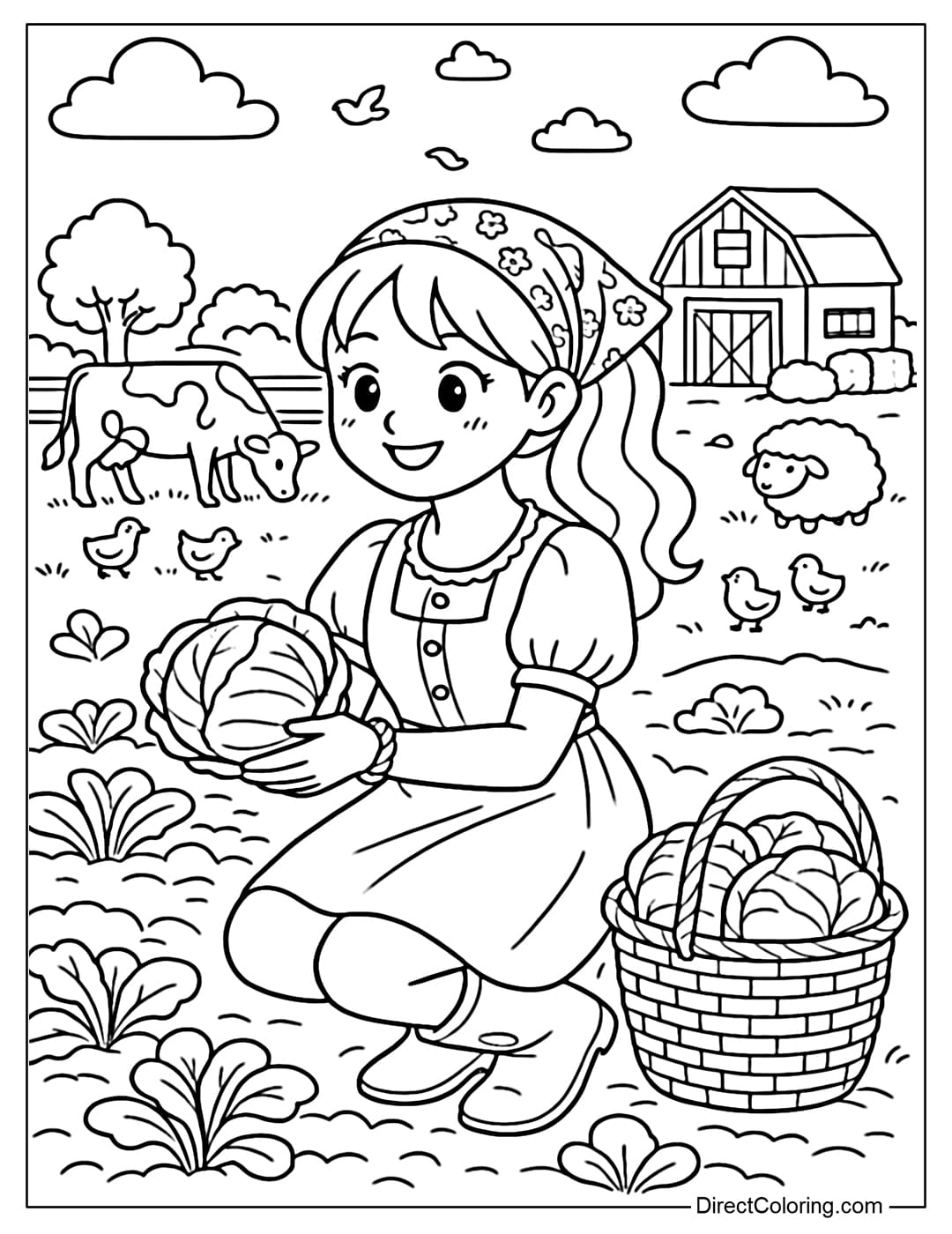 Cute farm girl harvesting cabbage, next to a basket filled with cabbage. In the background is a farm with dairy cows, chickens and sheep.